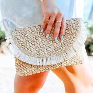 Beachly The North Shore Clutch Woven Vacation Frayed Tropical Beach Bag Cruise